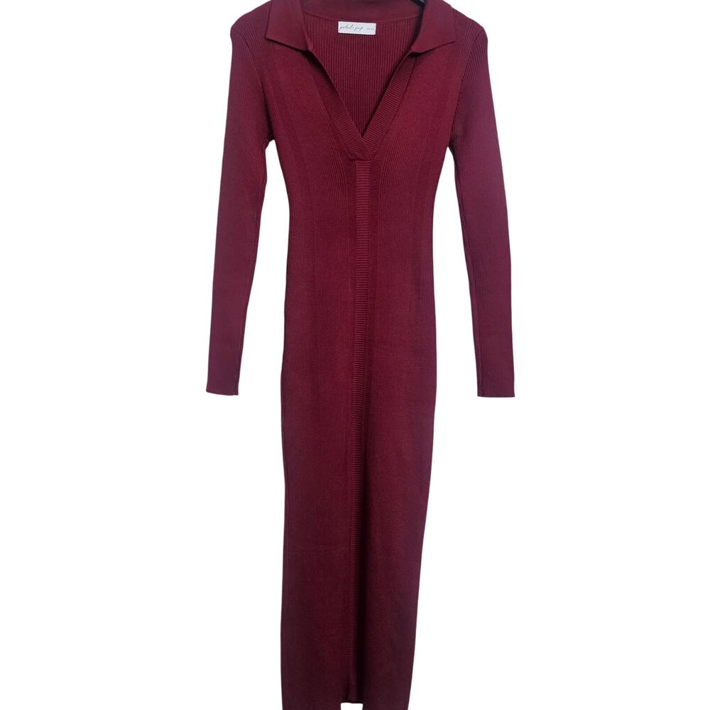 Petal & Pup Sweater Dress Size M Burgundy Ribbed Knit Maxi Collared Long Sleeve